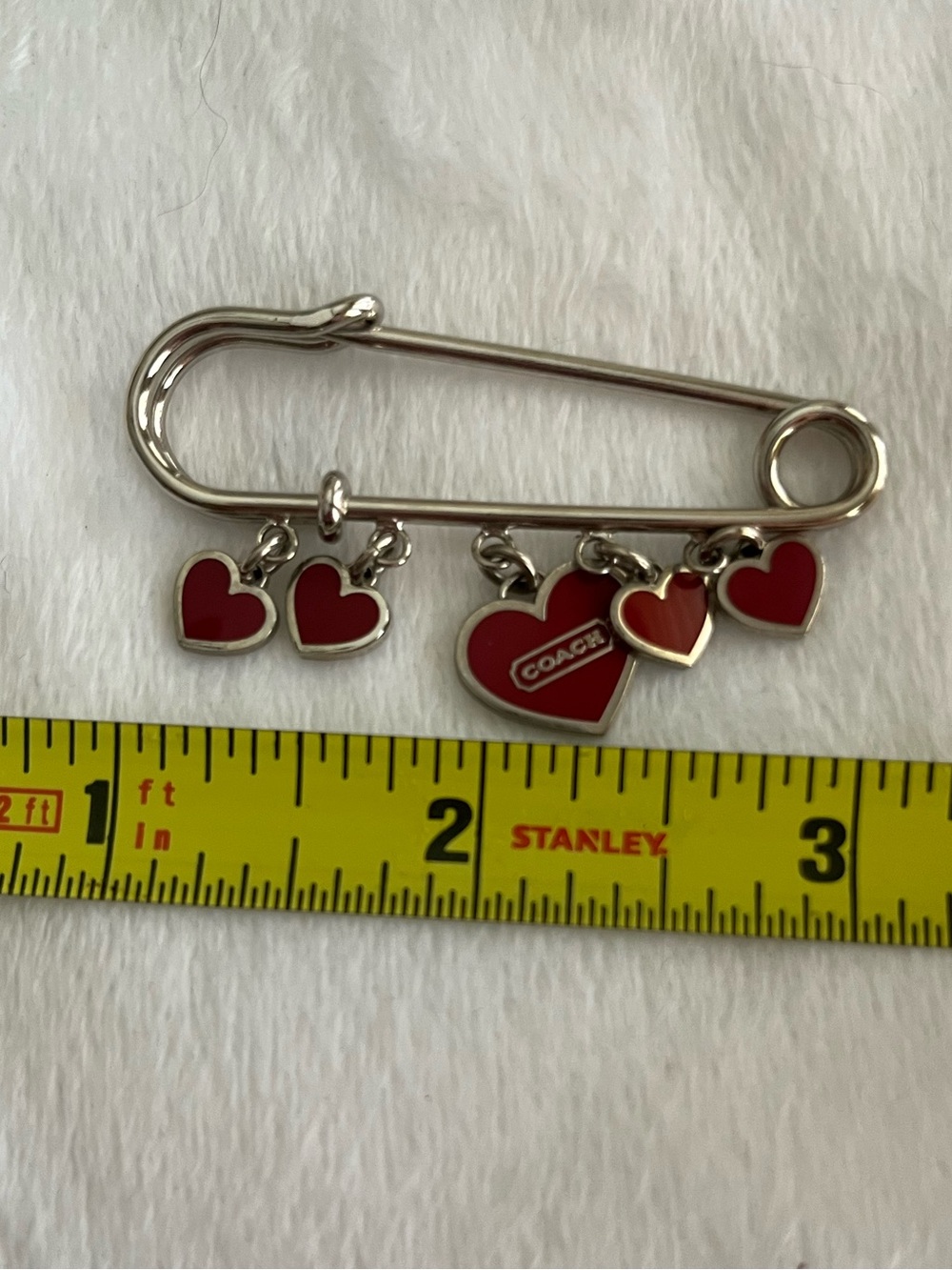 Coach Silver Safety Pin Brooch with Red Heart Charms - Picture 2 of 3